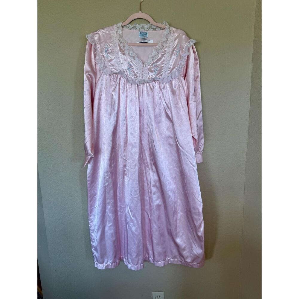 Sarah Morgan Satin & Lace Maxi Nightgown Womens 2X Flannel Lined Pink 547D